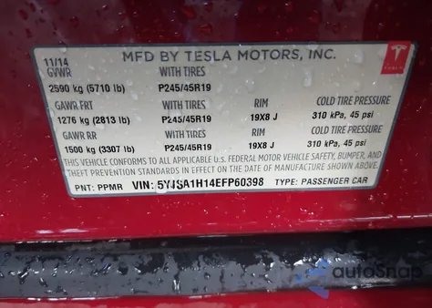 2014 Tesla Model S P85 from USA, damaged, VIN 5YJSA1H14EFP60398